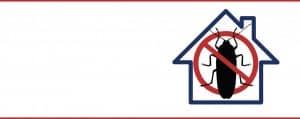 A Logo of a blue bordered house with a cockroach crossed out in red